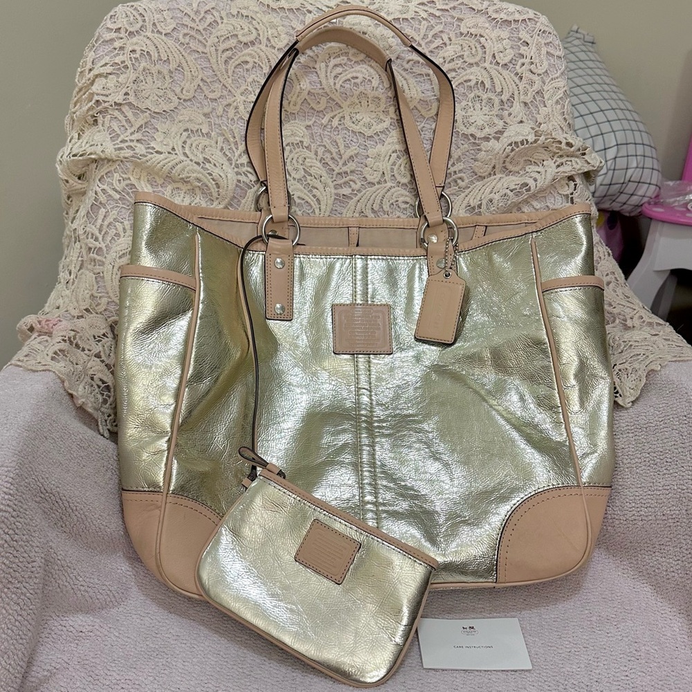 Coach Metro Metallic Gold Leather XL Tote Weekender